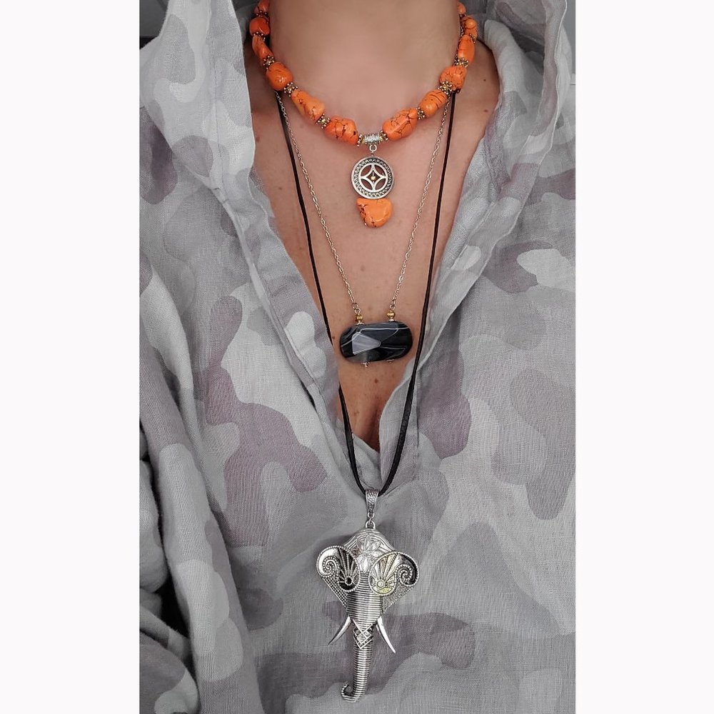 Layered Necklace / Set of 3 / Lot Natural Stones Leather Elephant Agate
